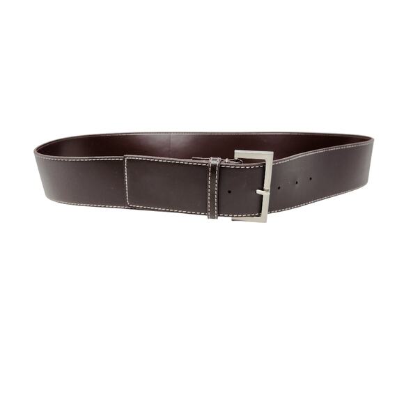 Women's Wide Brown Faux Leather Belt Silver Buckle Size Large 34 / 38 Inches - Picture 1 of 4